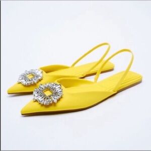 Zara Yellow Pointed Slingback Flats Mules with Crystal Buckle Size 39 (8.5)